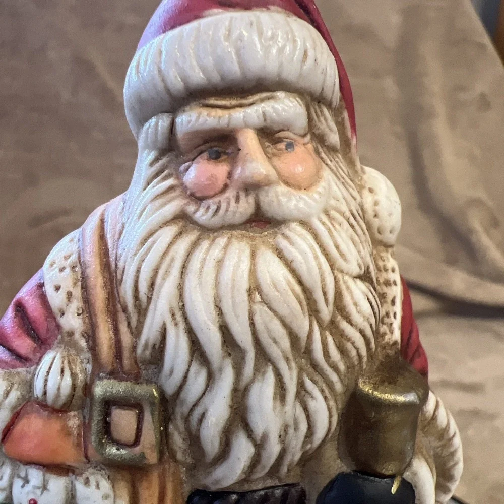Vintage Enesco Porcelain Old World Santa Holding Bell and Bag‎ of Gifts Figurine
